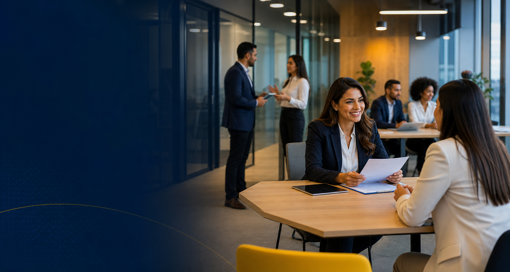 Consultores de recursos humanos entrevistando candidatos em escritório corporativo